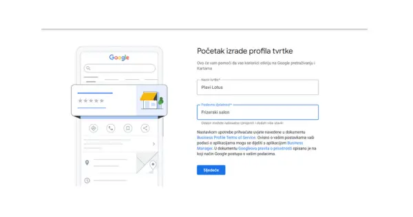 Odabir tipa poslovanja i dodavanje adrese